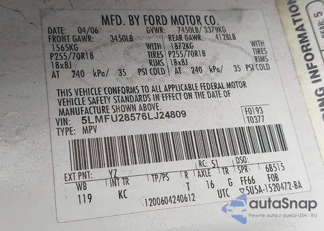 2006 Lincoln Navigator Luxury/Ultimate z USA, uszkodzony, nr VIN 5LMFU28576LJ24809